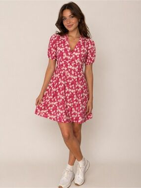 HVN Paula Silk Mini Dress Sz 2 Pink Strawberry Print Fit & Flare